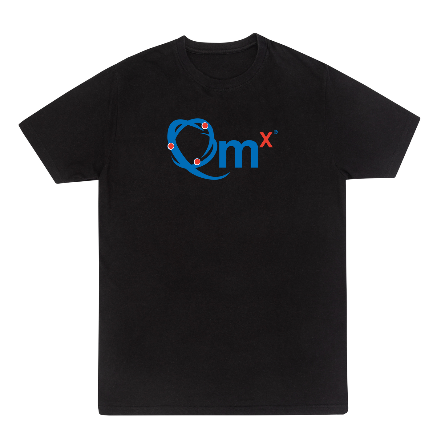 A black short-sleeve crewneck t-shirt featuring a blue and red OmX logo printed on the chest, displayed against a solid white background.
