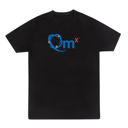 A black short-sleeve crewneck t-shirt featuring a blue and red OmX logo printed on the chest, displayed against a solid white background.